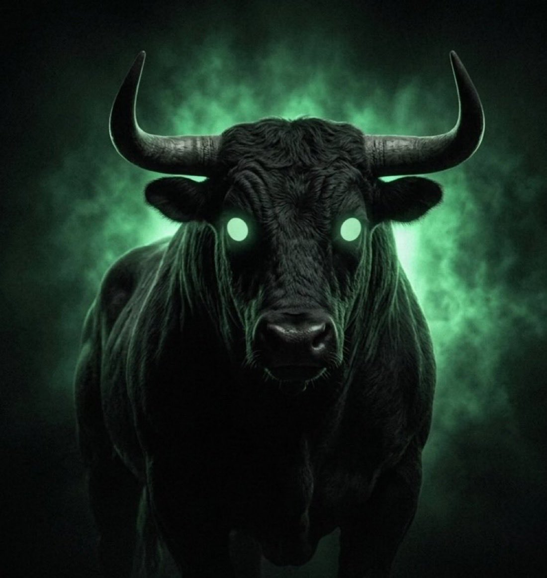 Black Bull with glowing green eyes